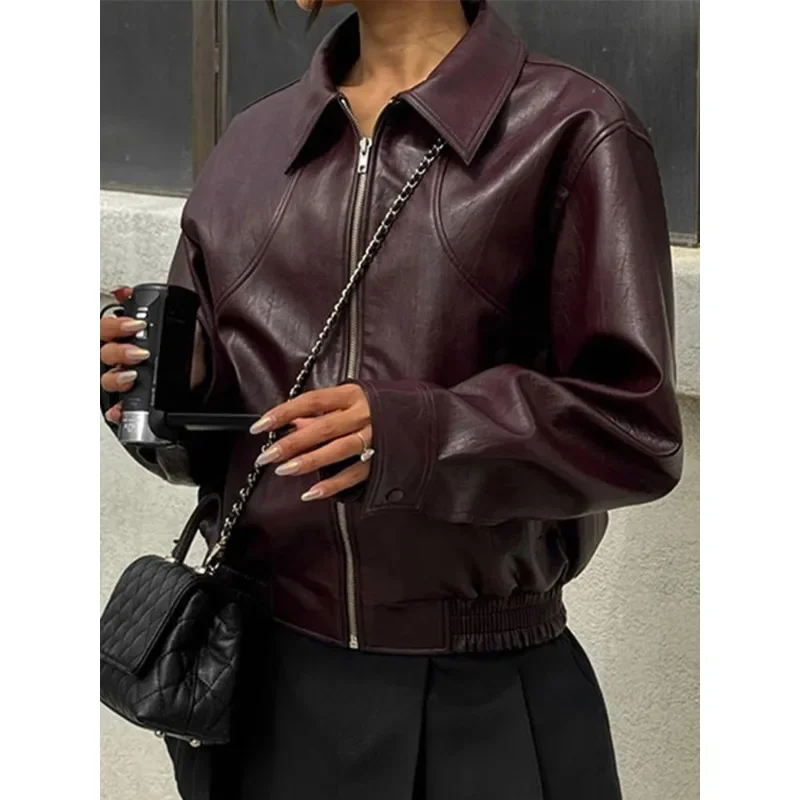 

Elegant Zipper Leather Short Jacket Women Lapel Long Sleeves Bomber Loose Cropped Overcoat in Female Motorcycle Outwear