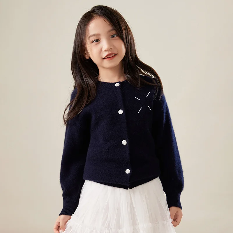 سترة صوفية جديدة لخريف وشتاء 2024 برقبة دائرية من الصوف للأولاد والبنات بنفس النمط صغير Emb #6