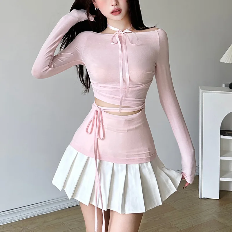 

Wind 2024 Spring New Women's Fashion Sexy Long Sleeve Round Neck Waist Strap T-Shirt