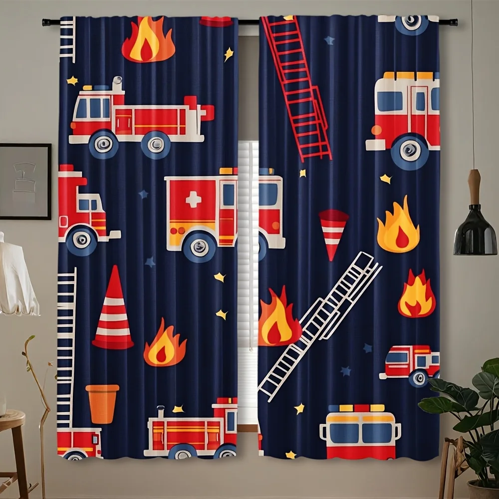 Kids Nursery Curtains Fire Truck Rescue Cartoon Window Drapes Set Playroom Decor Emergency Service Theme Pair