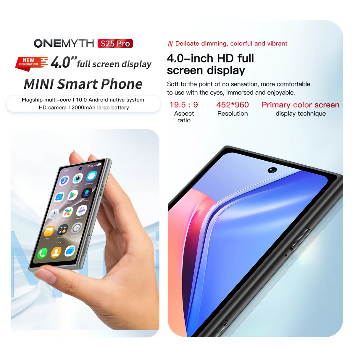 ONEMYTH S25 Pro Mini Smartphone 3G Network Dual SIM Play Store 4.0 Inch HD Display 2000mAh 2GB+16GB Add 64GB TF Card Android 8.1