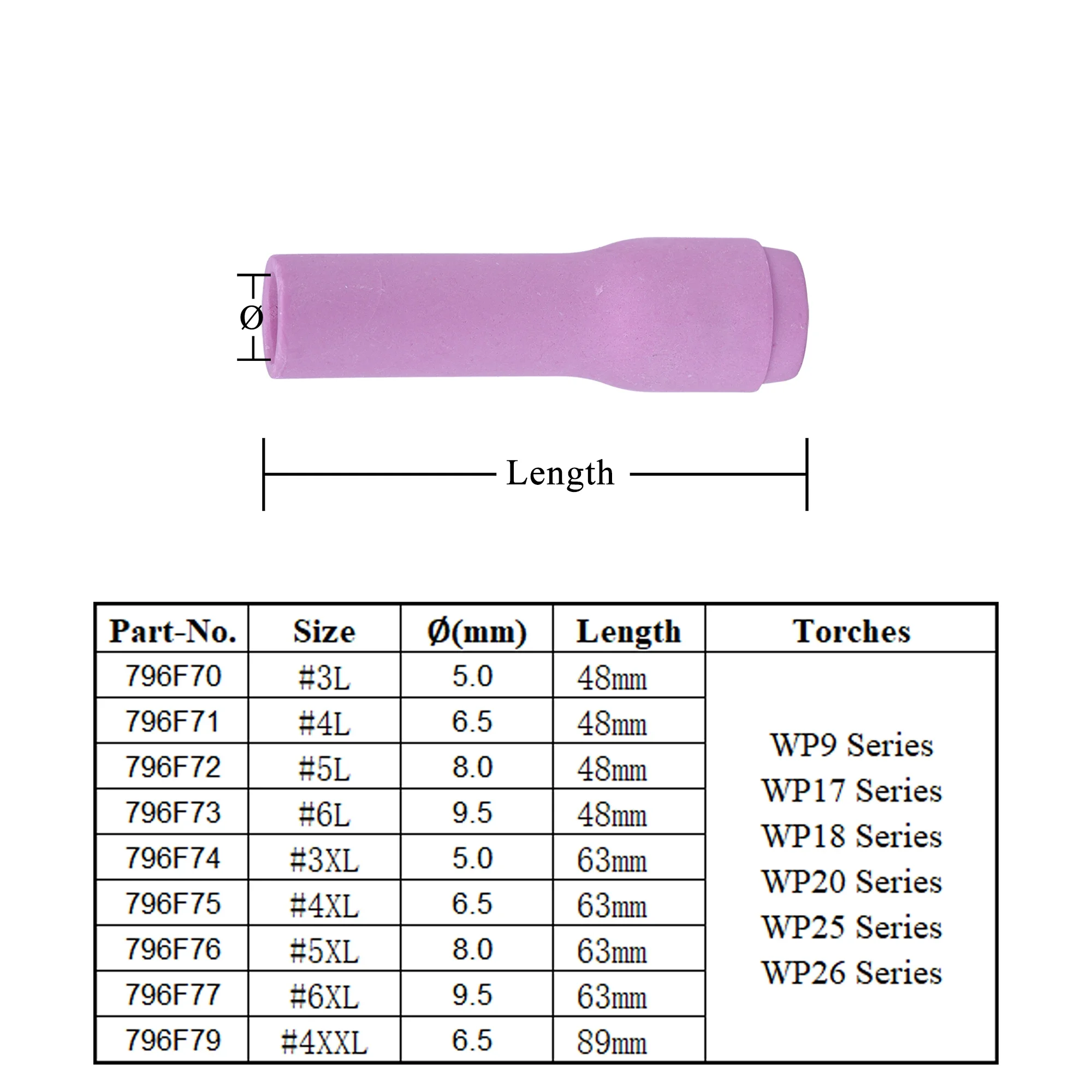 10Pcs 48/63/89mm 796F70 796F71 796F72 796F73 796F74 796F75 796F76 796F77 796F79 Alumina Nozzles For TIG WP9/17/18/20/26