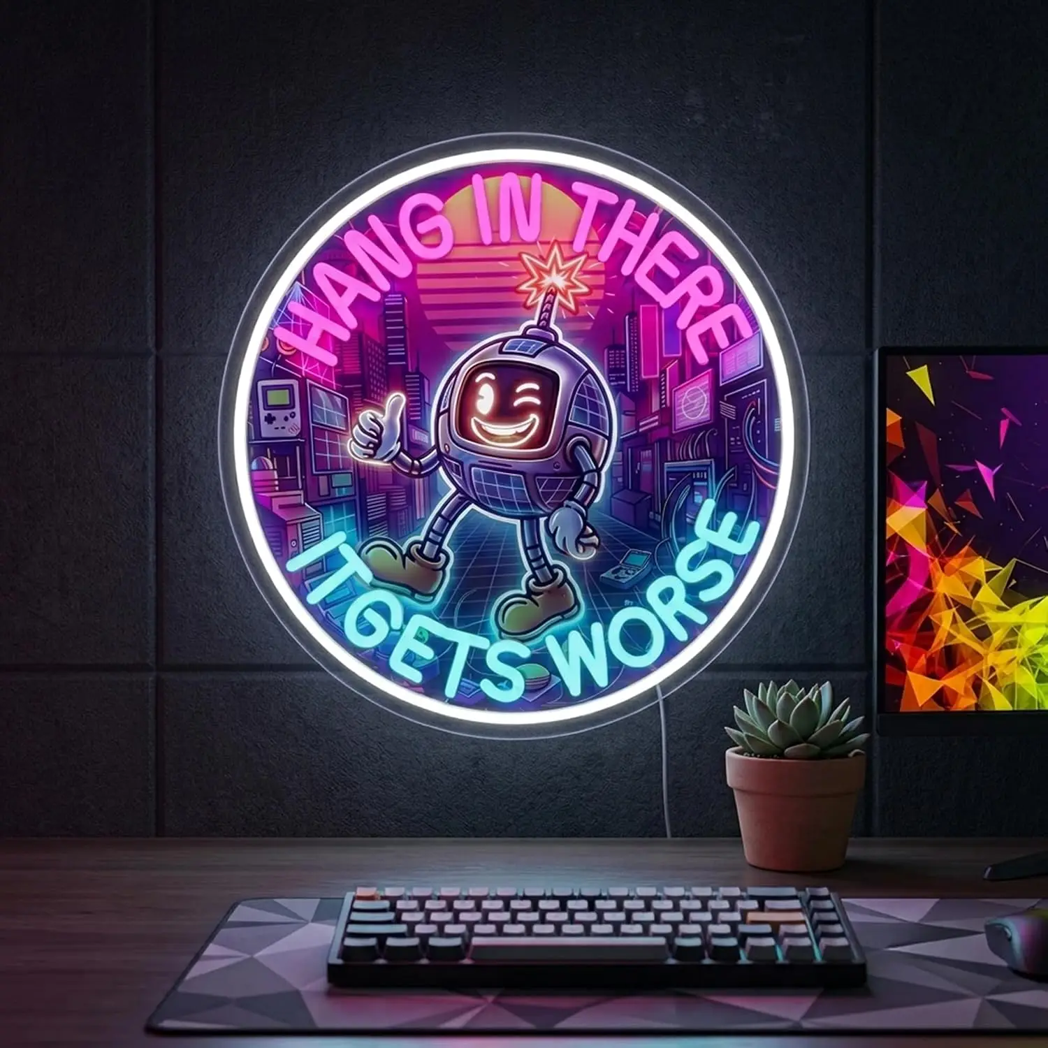 LED Neon Sign Hang In There It Gets Worse Cartoon Robot Neon Light USB Wall Lamp for Game Room Bedroom Wall Art Decor Funny Gift