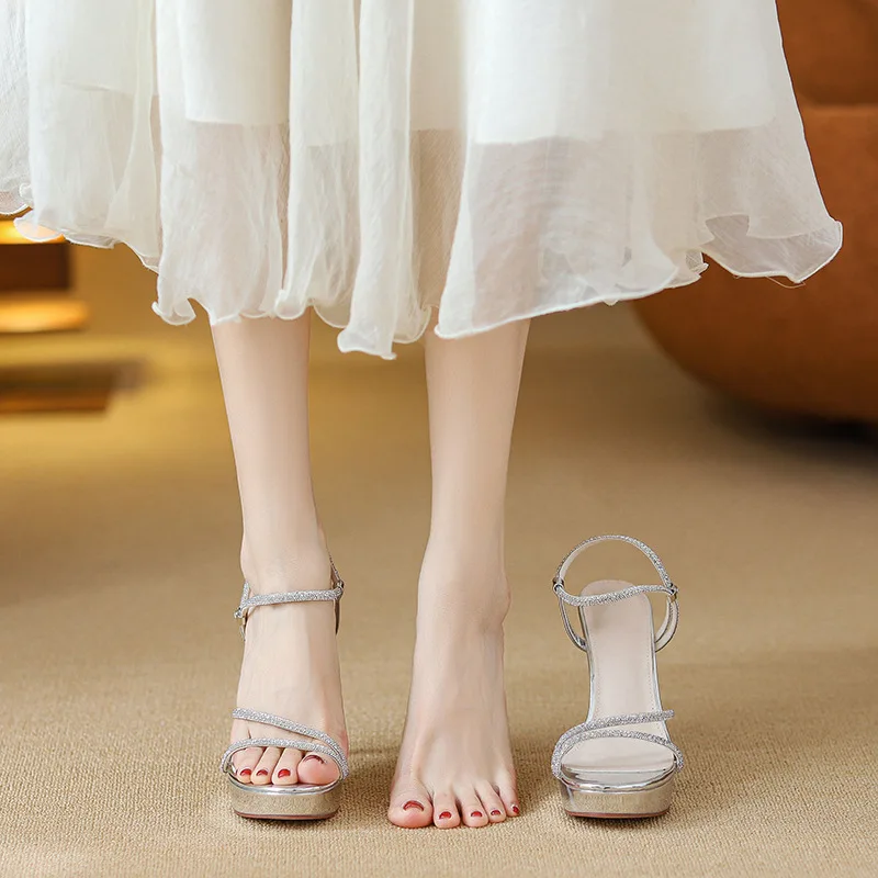 2026 Women's Silver Rhinestone Platform High Heel Sandals Strappy Ankle Strap Party Evening Dress Shoes Q-471 - view 4
