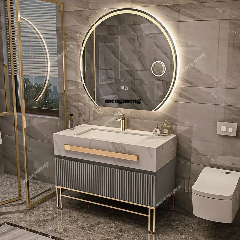 

Rock slab bathroom cabinet seamless ceramic basin combination hotel style homestay washstand modern and simple