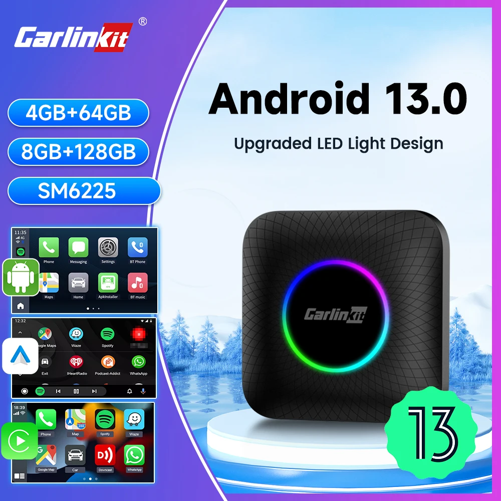 Carlinkit QCM6225 Ai Box Android 13 Led Wireless Android Auto & CarPlay Smart Tv Box For Youtube Netflix Car Accessories