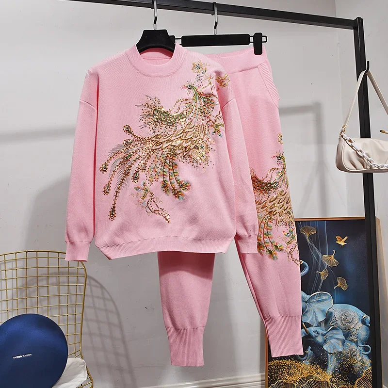 Spring Beading Embroidery Phoenix Knitted Tracksuit Outfits Women Sweater Pencil Pants 2Piece Set Red Black Knitting Suit Female