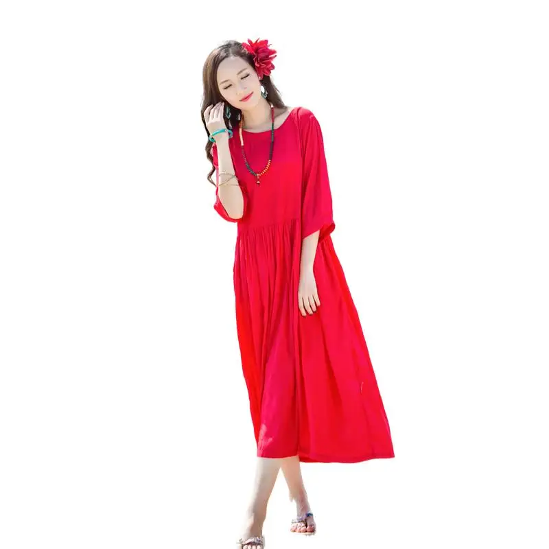 

Spring Summer Women Casual Three Quarter Sleeve Long Dress 2024 New Fashion Solid ALine Cotton Linen Female Vacation