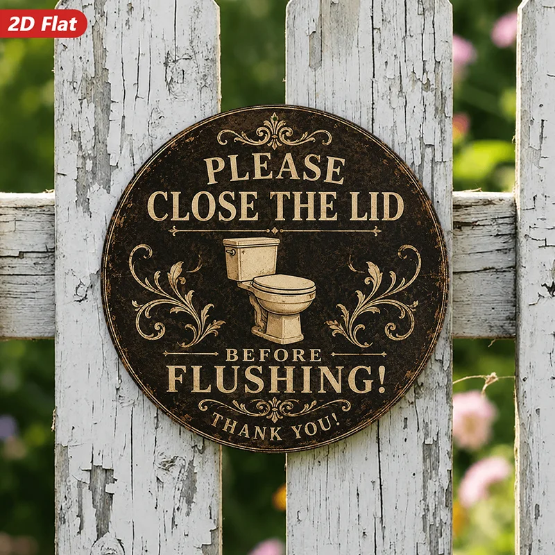 2D Flat, 1pc Vintage Bathroom Humor Round Metal Sign Wall Art, Please Close The Lid, Home Decor, Before Flushing Thank You, Toil