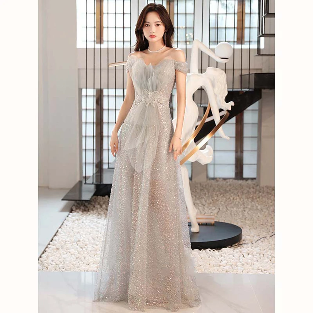 

Boat Neck Sequins Evening Dress Women Off the Shoulder Applique Cocktail Dresses Elegant Exquisite A-line Prom Gown