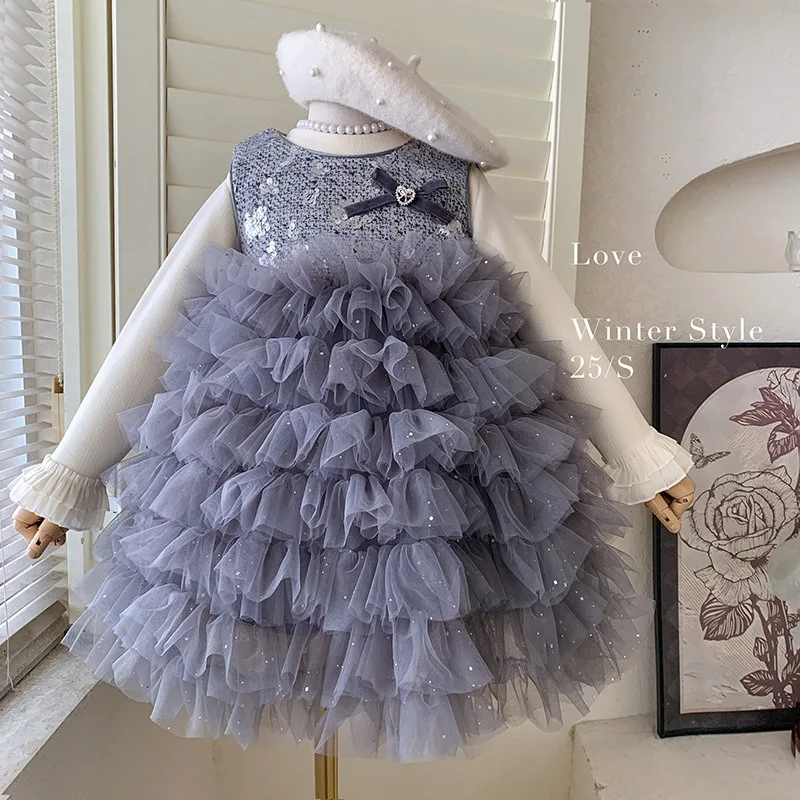 

Girls Set 2025 Autumn Winter Korean Style Fashion Sweet Cute Long Sleeve Top Patchwork Mesh Dress Two Piece Set