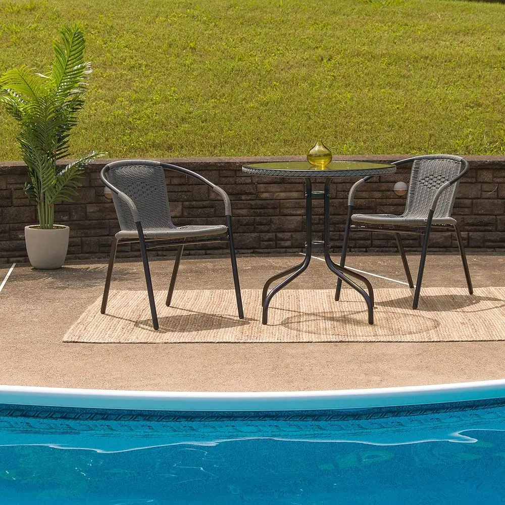 

28 Round Tempered Glass Table with Gray Rattan Edge