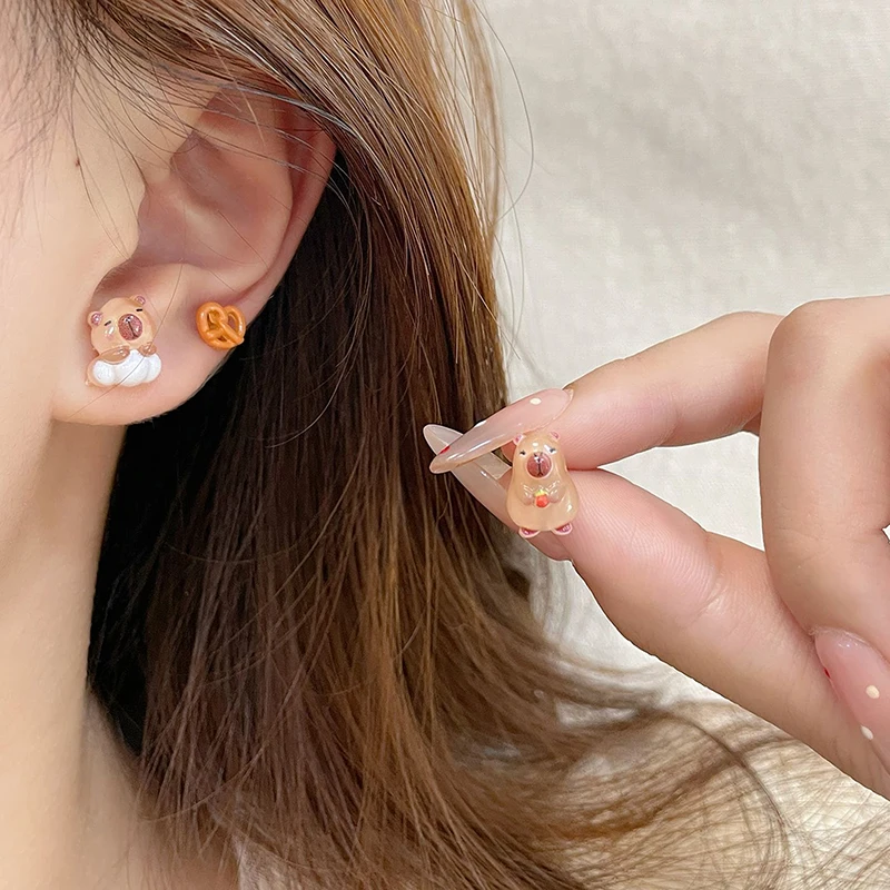 1Set Cute Cartoon Capybara Animal Earrings For Women Girls Trendy Kawaii Capybara Bread Earrings Jewelry Accessories Gifts