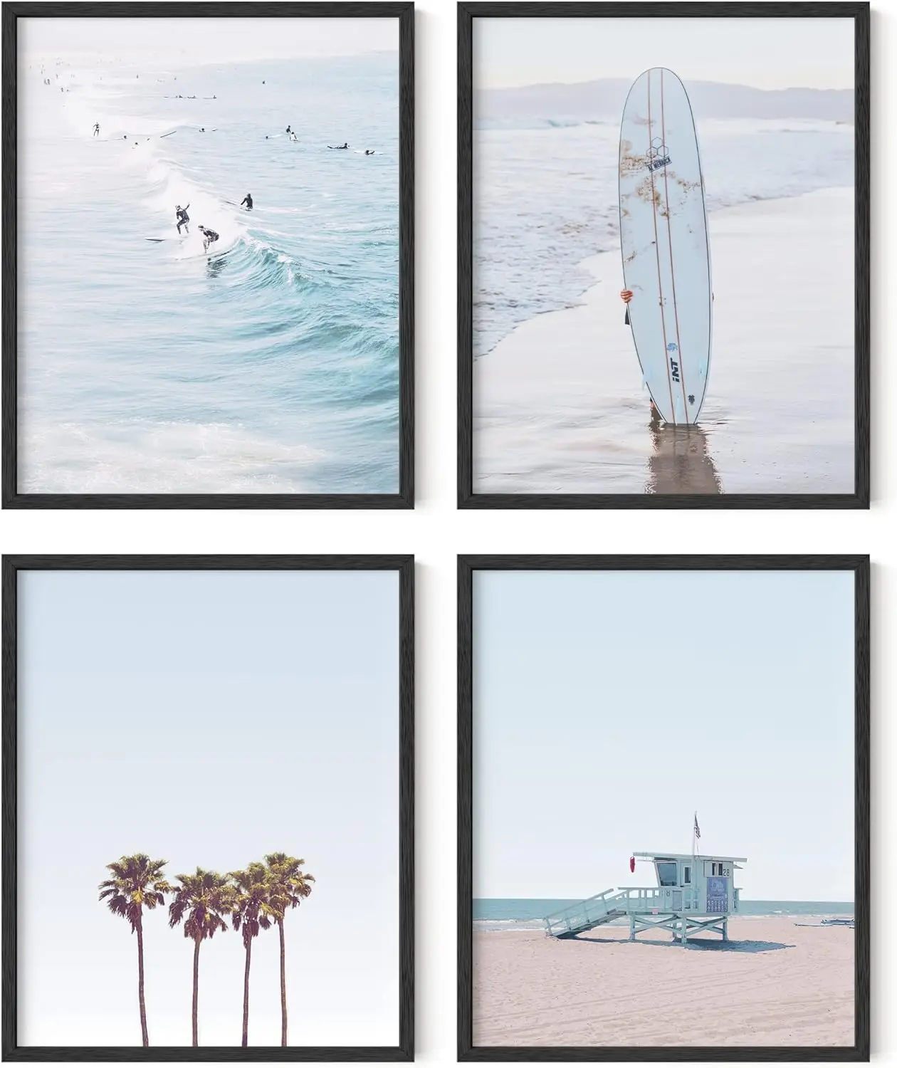 4PCS Vintage Campervan, Palm-fringed Beach Scenery, Four-panel Canvas Poster for Bedroom and Living Room Decoration - Frameless