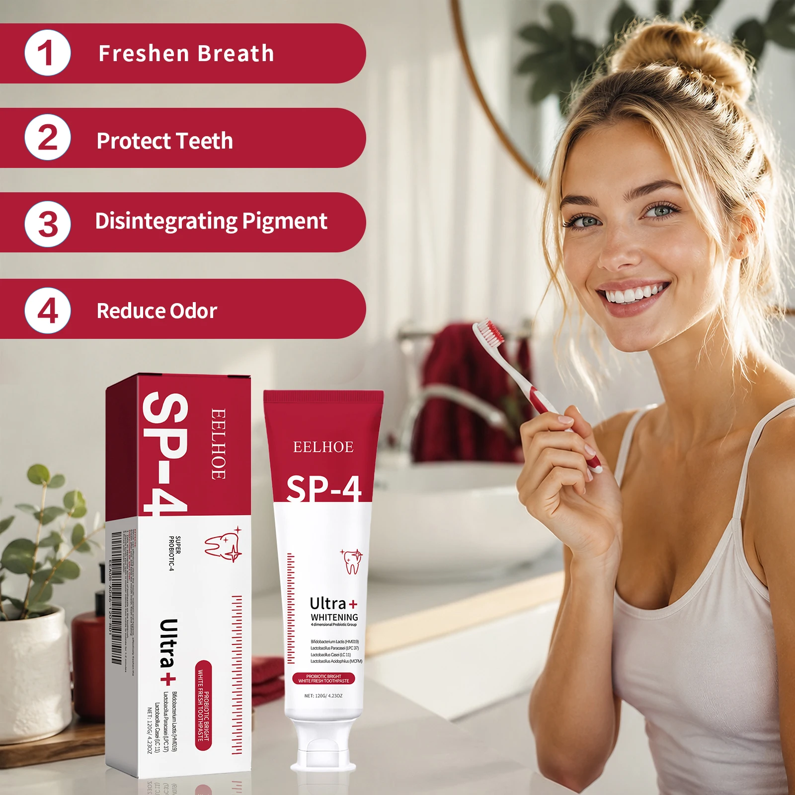 EELHOE Probiotics Whitening Toothpaste Cleaning Tooth Odor Care Oral Daily Cleaning Toothpaste Removes Stains Whitener Bleach