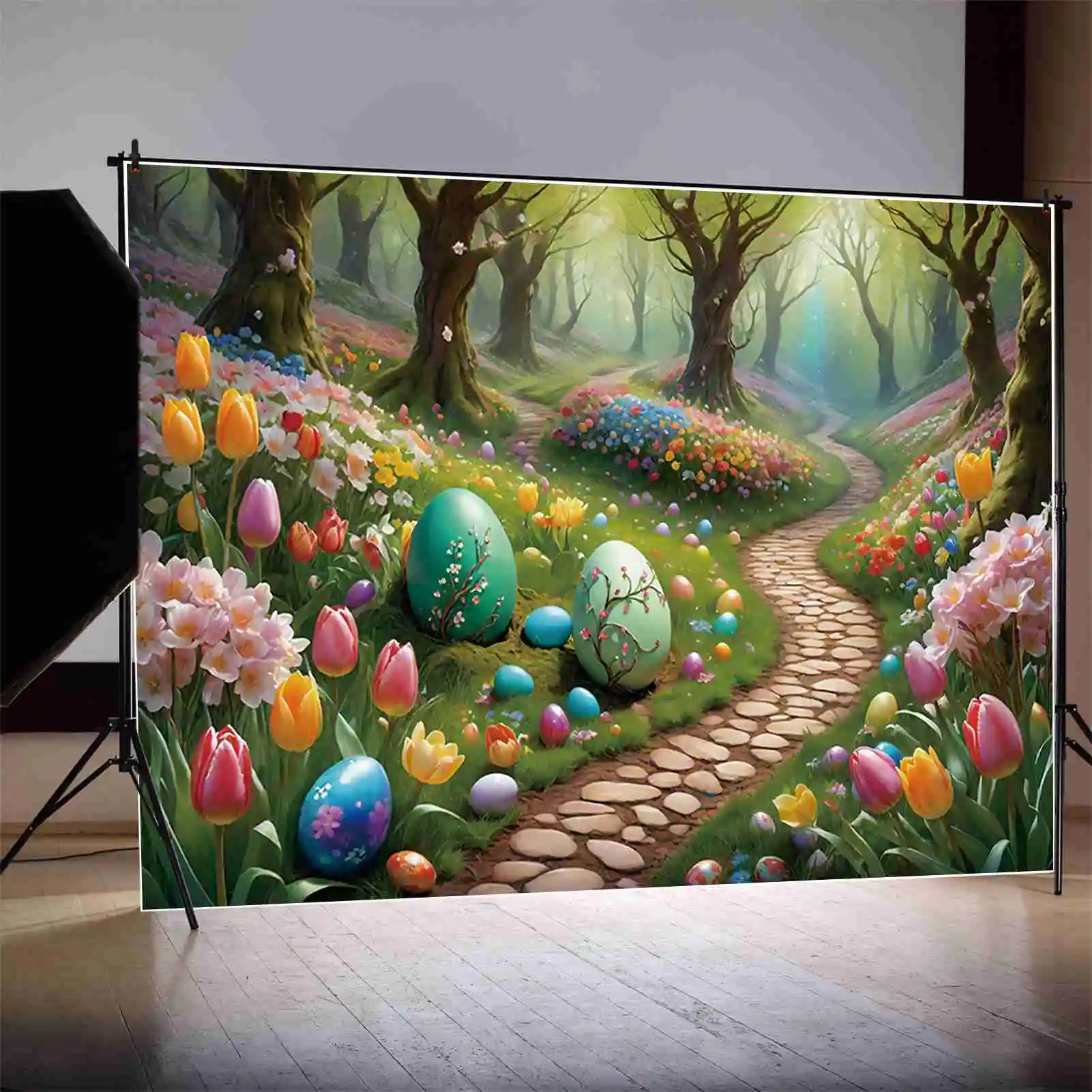 MOON.QG Spring Happy Easter Photography Backdrop Garden Flower Fence Egg Party Photo Background Professional Studio Photocall