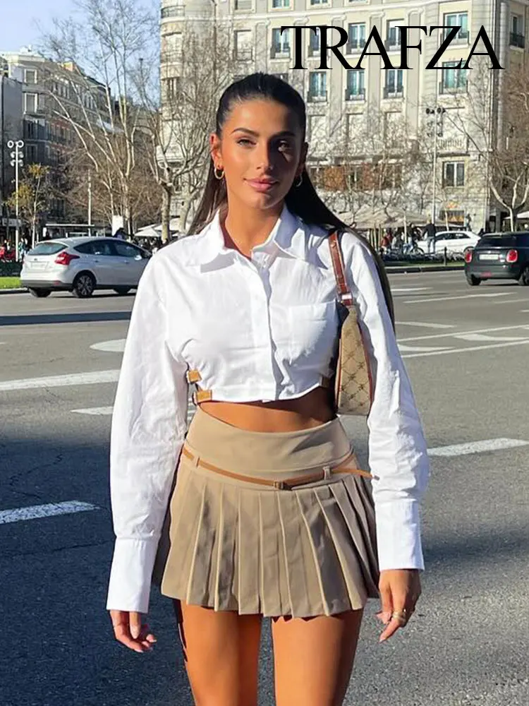 

TRAFZA Mini Culottes For Women 2024 Spring Wide Pleats A-Line Slim Casual Bottoms High Waist Belt Elegant Female Chic Pantskirt