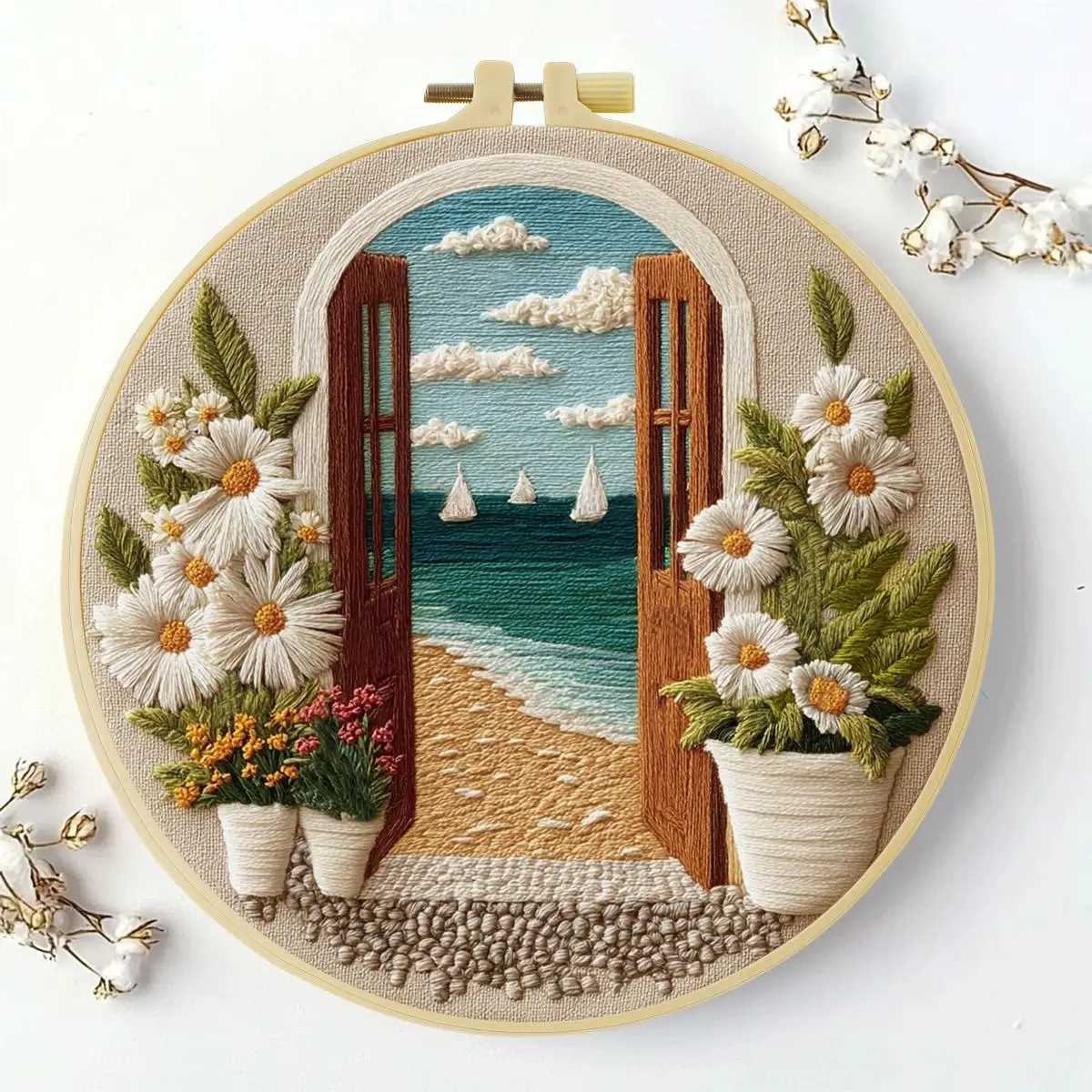 1 Stück 20X20CM/15X15CM 7,87/6,3 Zoll Der Meerblick vor der Tür Stickerei Starter-Kit DIY-Kit DIY-Stickerei-Set Handarbeiten – Detail 3