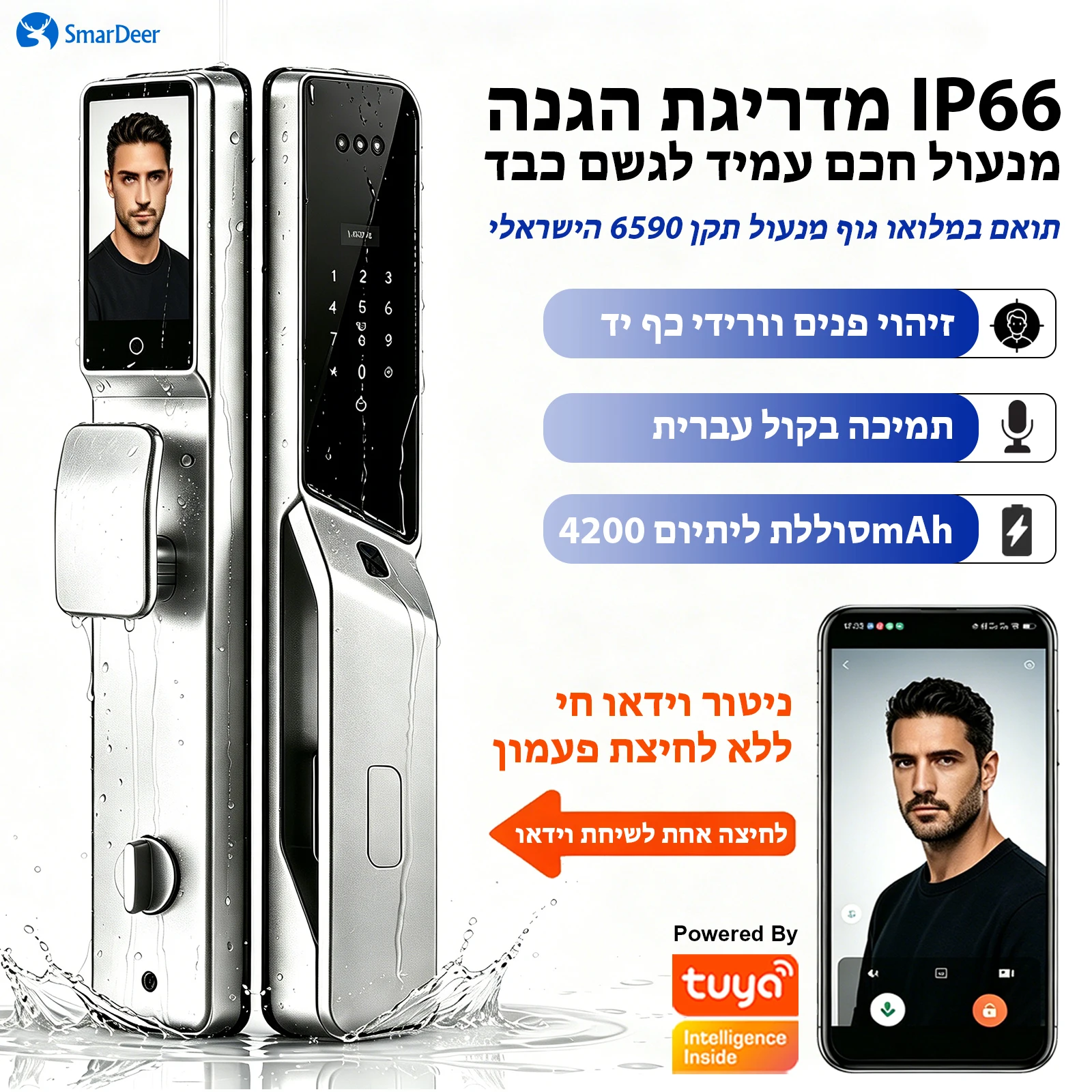 SmarDeer 6590 Israeli Standard Mortise Smart Lock, Tuya WiFi 3D Face Palm Vein Lock, IP66 Waterproof Hebrew Support