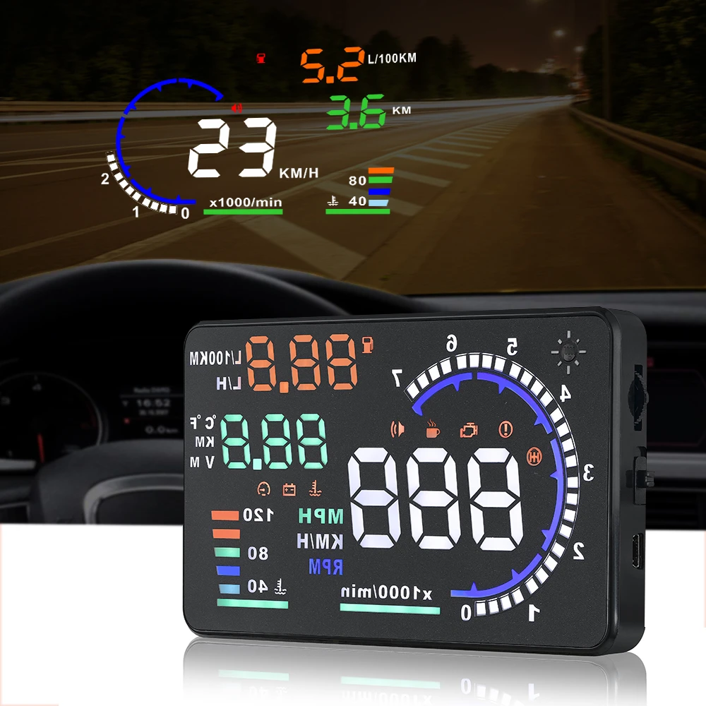 

A8 Car Head Up Display OBD2 5.5'' Smart Speed Tach Gauge Digital Odometer Projector Security Alarm Water&Oil temp RPM Auto Meter