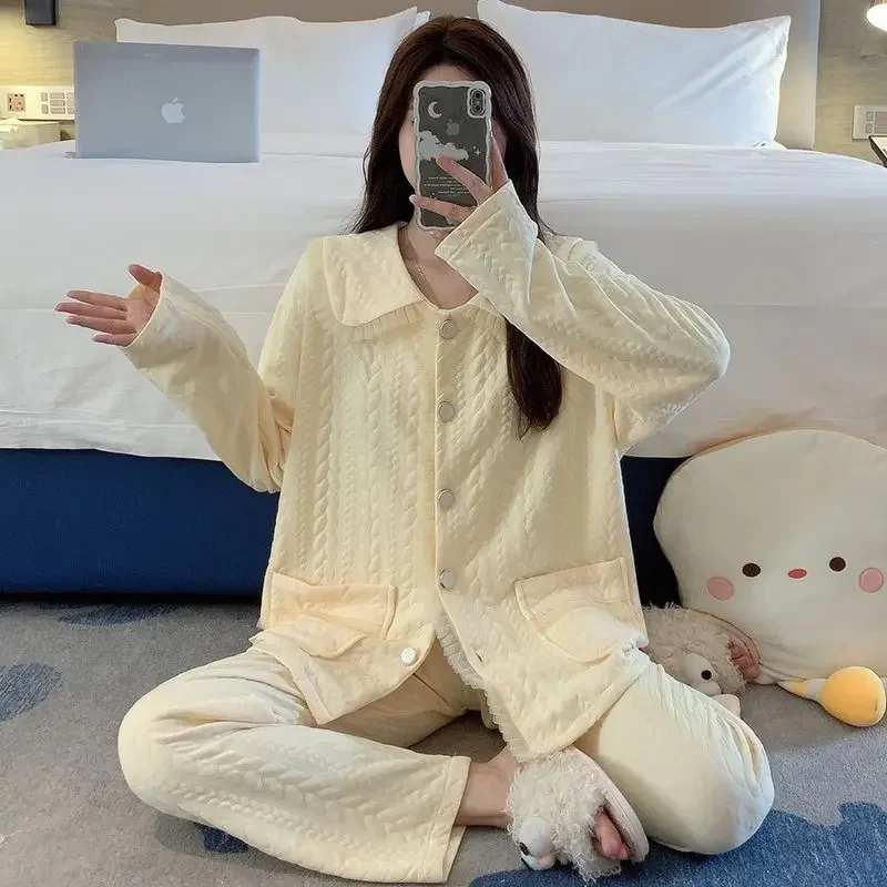 Doll Collar Pajamas Women Spring and Autumn Air Cotton Sandwich Plus-size Fat Mm Loose Autumn and Winter Thickened Home Wear Set