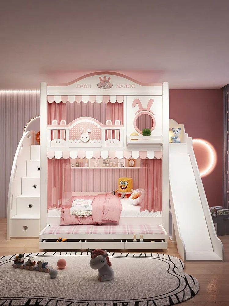 

Bunk bed girl bed high box castle princess pink bed kids small apartment type 1.2 high and low