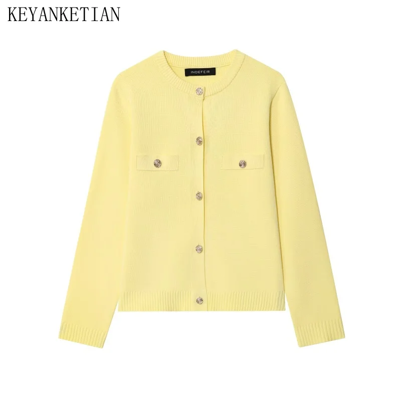 

KEYANKETIAN осенняя новая женская одежда, маленький ароматный стиль, металлический однобортный вязаный кардиган, женский свитер, куртка