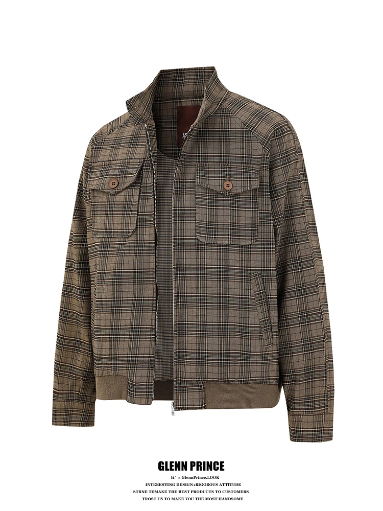 

Мужское осеннее пальто Harrington Jaet в клетку в американском стиле ретро с воротником-стойкой, повседневное пальто с дышащим полиэстером и нейлоном