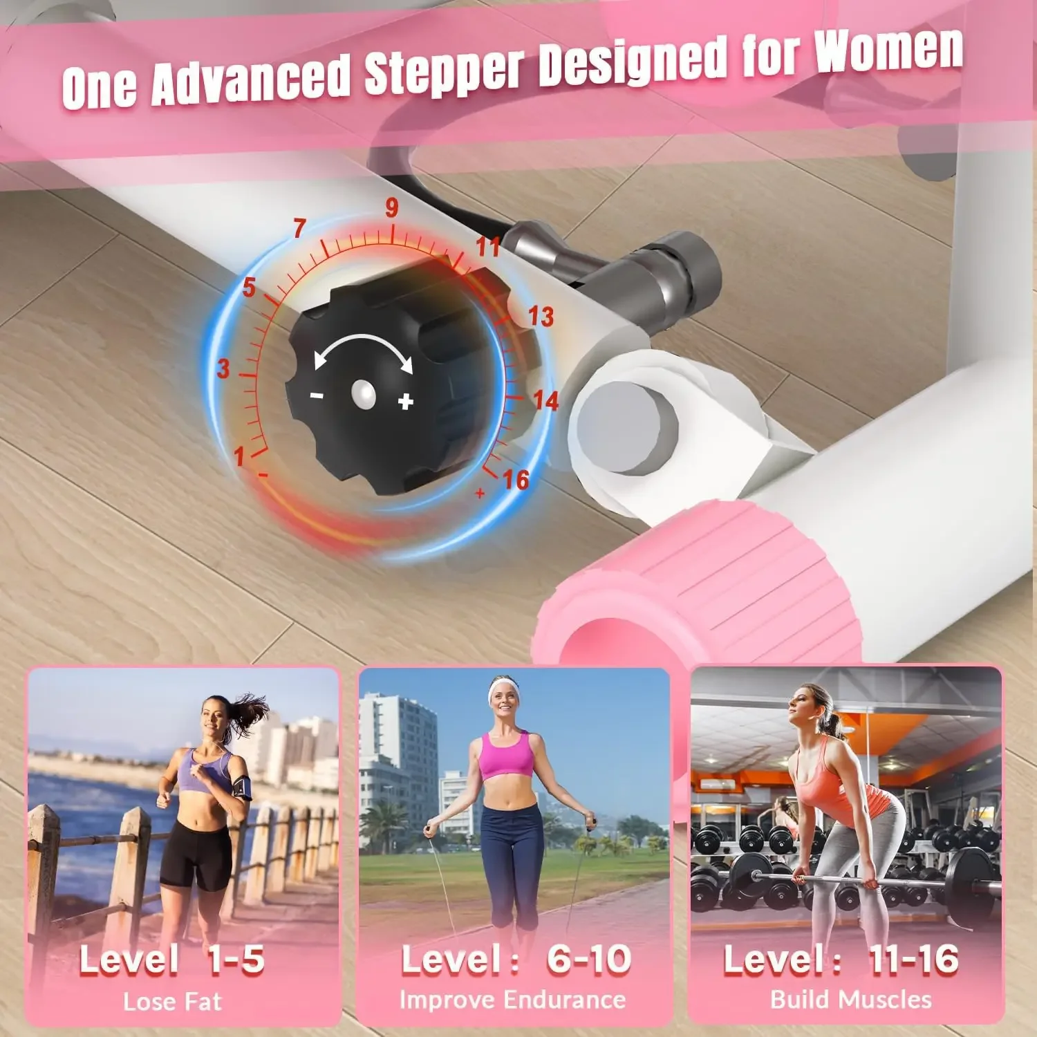 Exercise at Home, Adjustable Resistance Stair Steppers for Women with Arm Training Bands, 10DB Super Quiet Mini Steppers with 35