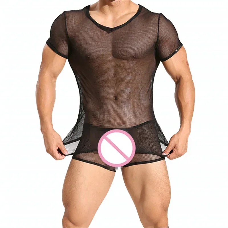 

Sexy Mens Undershirts Short Sleeve Mesh See Through T-shirts Top & Transparent Boxer Shorts Male Sheer Underwear Man Clothes Set
