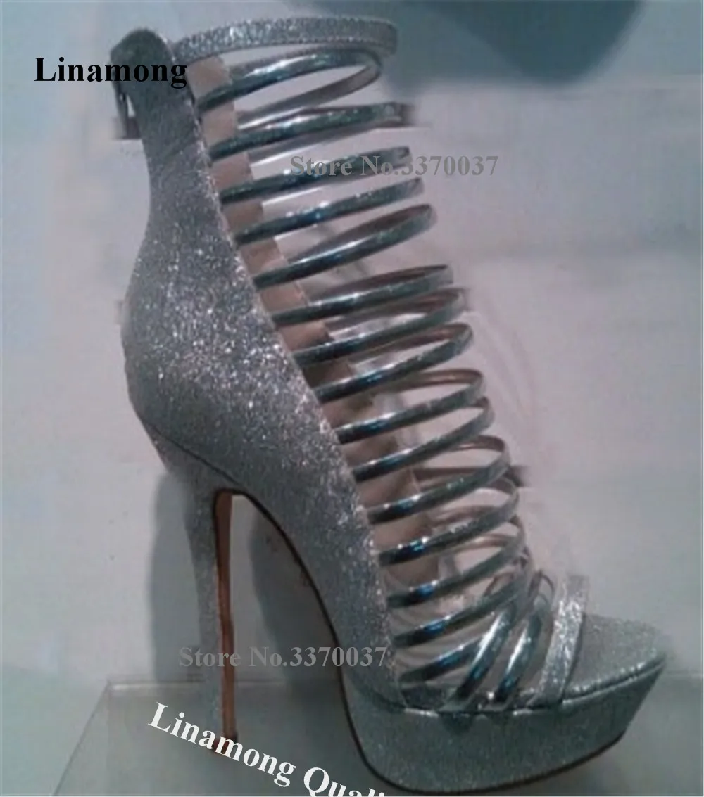Linamong Bling Bling Silver Gold Glitters Stiletto Heel Gladiator Sandals Open Toe Narrow Straps Cross High Platform Heels
