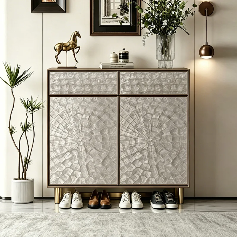 Light luxury style shell shoe cabinet, entryway living room storage decoration, modern solid wood storage