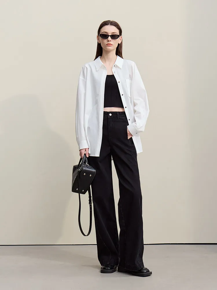 Amii calças jeans 2026 primavera nova cor sólida feminina confortável algodão jeans casual versátil solto calças de perna larga 12621095