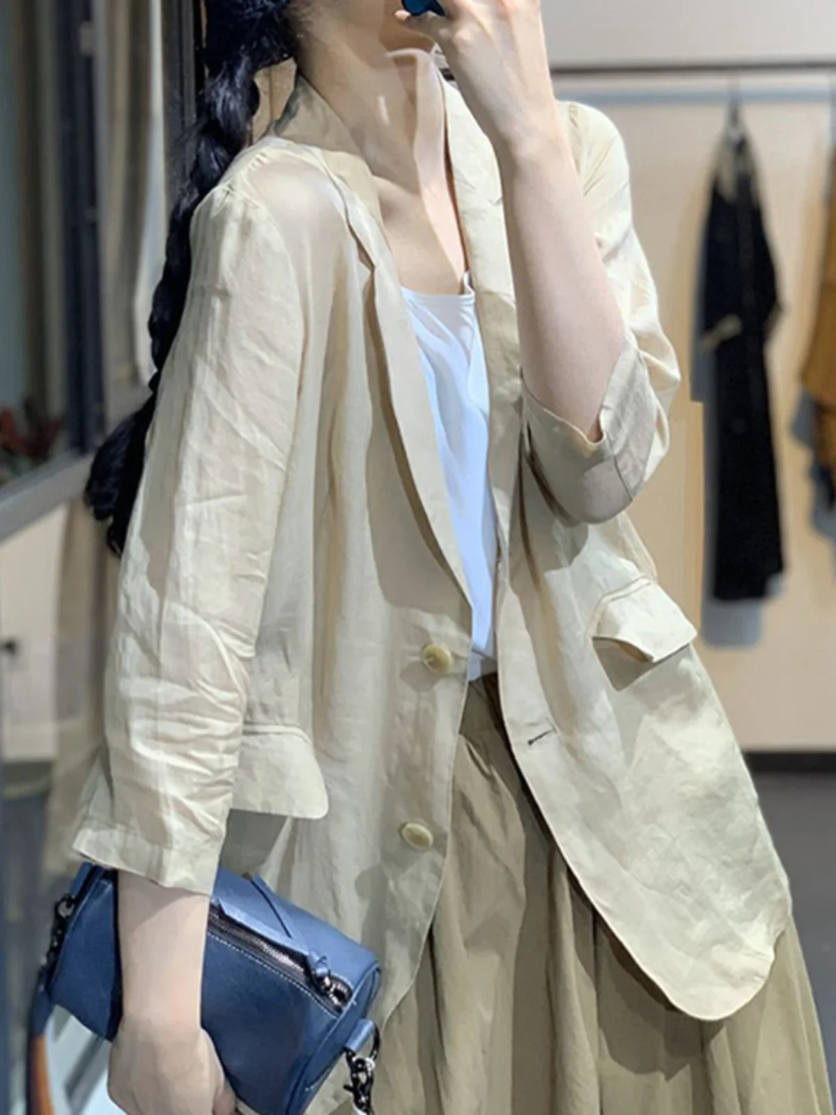 Luźny płaszcz damski z mieszanki bawełny i lnu, ort Jaet, biznesowy, casualowy, wyszczuplający, cienki płaszcz wierzchni.