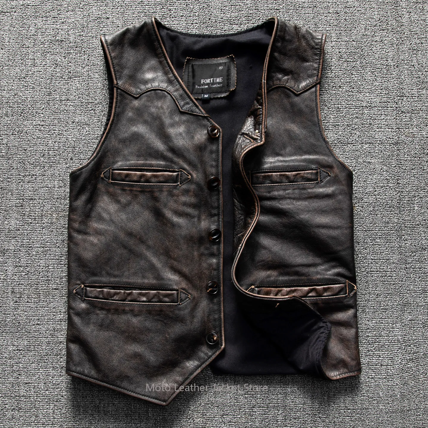 Amekaji Washed Distressed Tea Core Leather Vest Men First Layer Cowhide V-Neck Sleeveless Waistcoat Spring Autumn