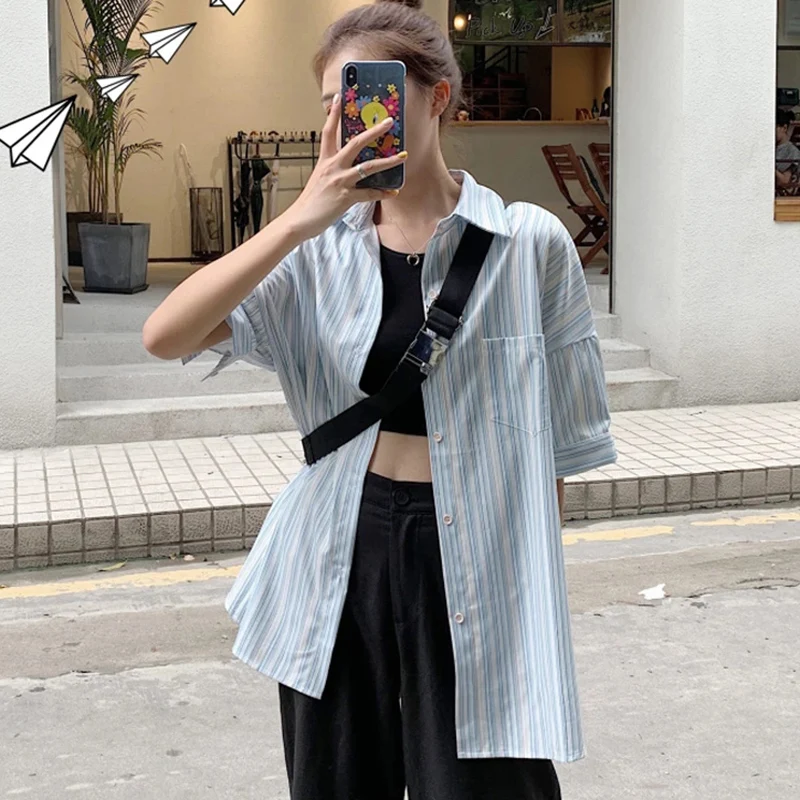 Harajuku Losse Gestreepte Shirt Vrouwen 2025, Korte Mouw Kraagvorm Zomer Blouse Vrouw Vintage Pocket Mix Kleur Shirts Vrouwelijke