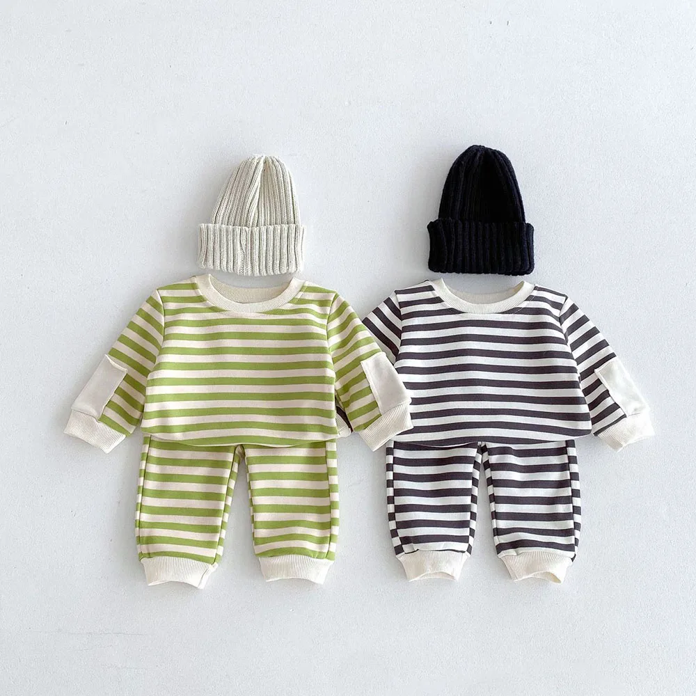 MILANCEL Autumn Baby Kid\'s Clothes Set Boys Striped Long Sleeve Hoodies Suit Girls Sweatshirt Casual Suit  Top+Pants 2Pcs