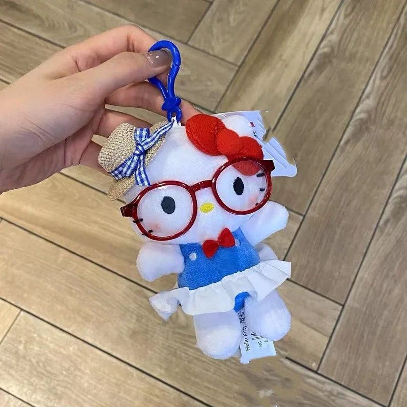 New Hello Kitty Kawaii Straw Hat Glasses Cute Plush Keychain Toy Bag Pendant Doll Decorations Birthday Gift For Girl