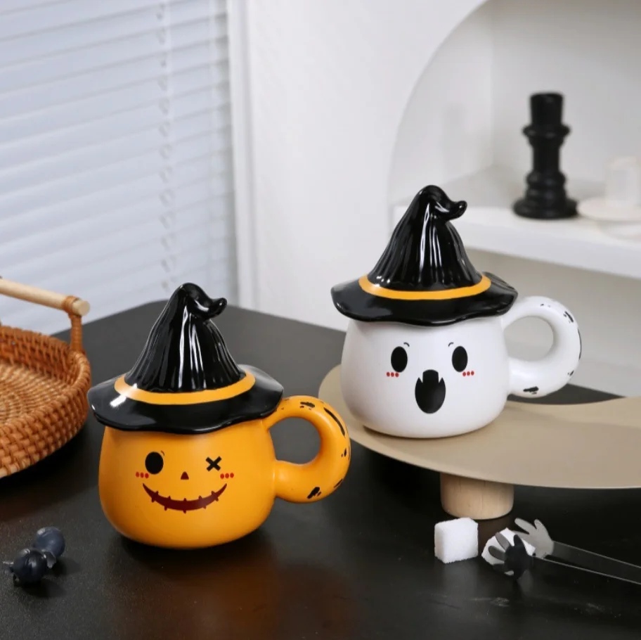 Creative Halloween Ceramic Coffee Mug 330ml Ghost Pumpkin Design Cup with Witch Hat Lid Large Handle Drinkware for Home