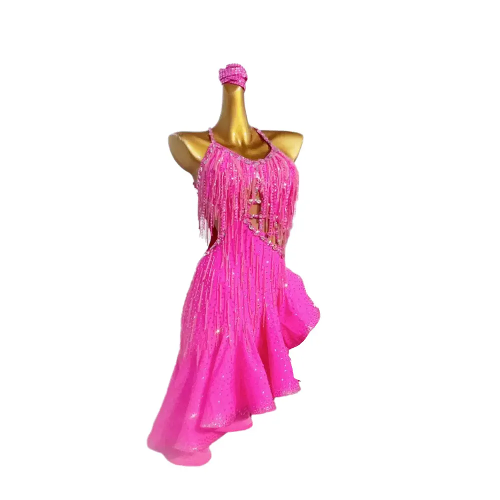 Latin Dance Competition Color Version High-end Custom Hanging Neck with Diamond Pink Skirt Samba Performance Blackpool dress