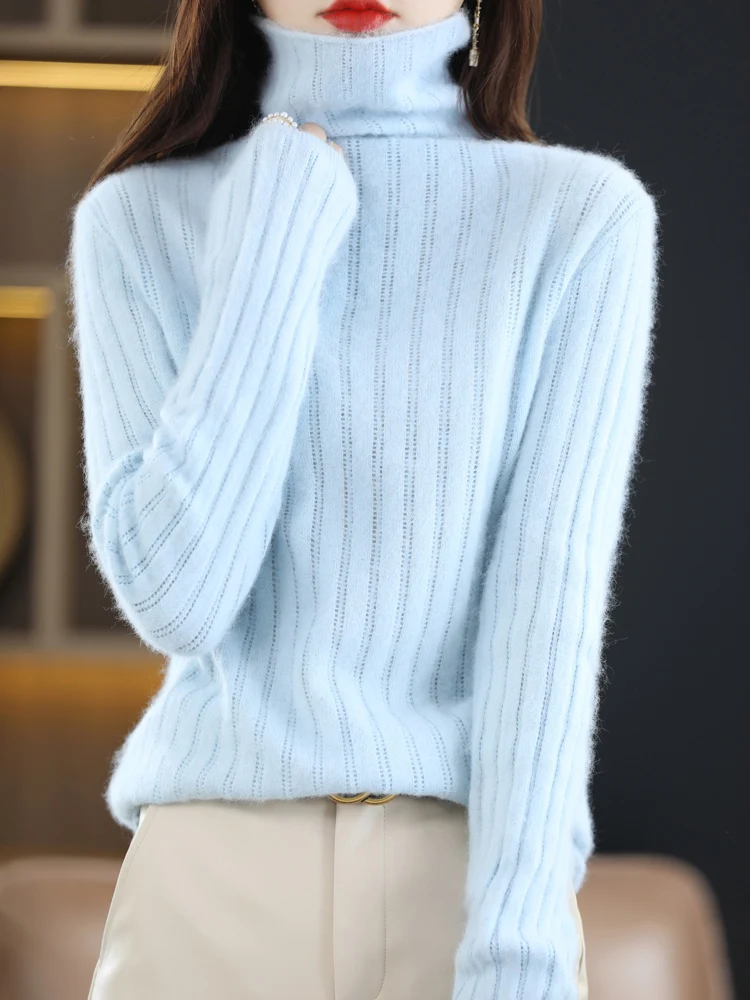 

Autumn Winter 100% Mink Cashmere Sweater Women' High Neck Knitted Pullover Fashion Hollow Warm Base Shirt Loose Lapel Thick Tops