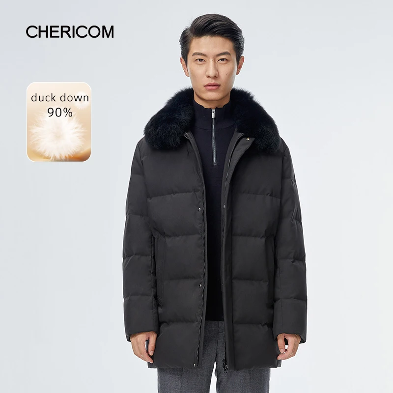 Chericom Men's Medium Long Thickened Down Jacket Removable Fox Fur Collar Windproof Waterproof Warm Solid Color Coats 289681