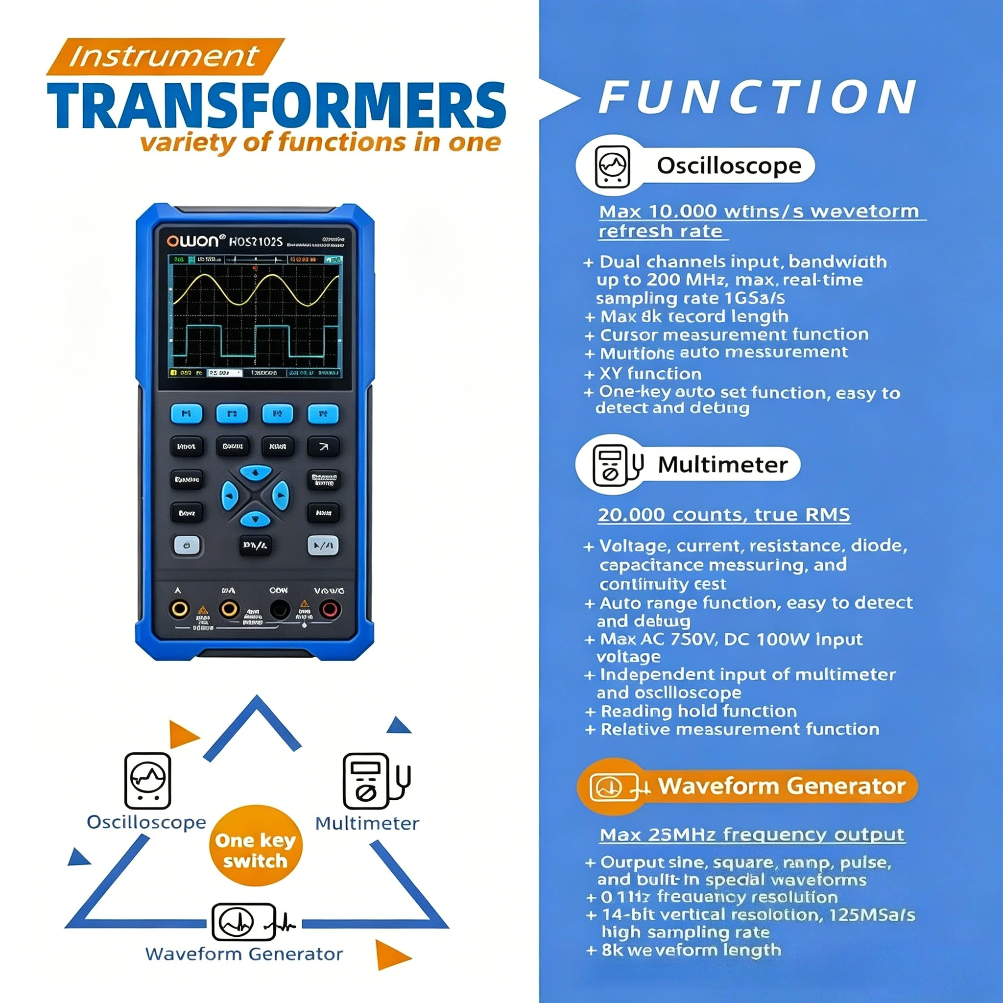 OWON HDS2202S/HDS2102S Portable 3in1 Digital Oscilloscope, 2CH 200MHz 1GSa/s Oscillograph Multimeter DDS Signal Generator