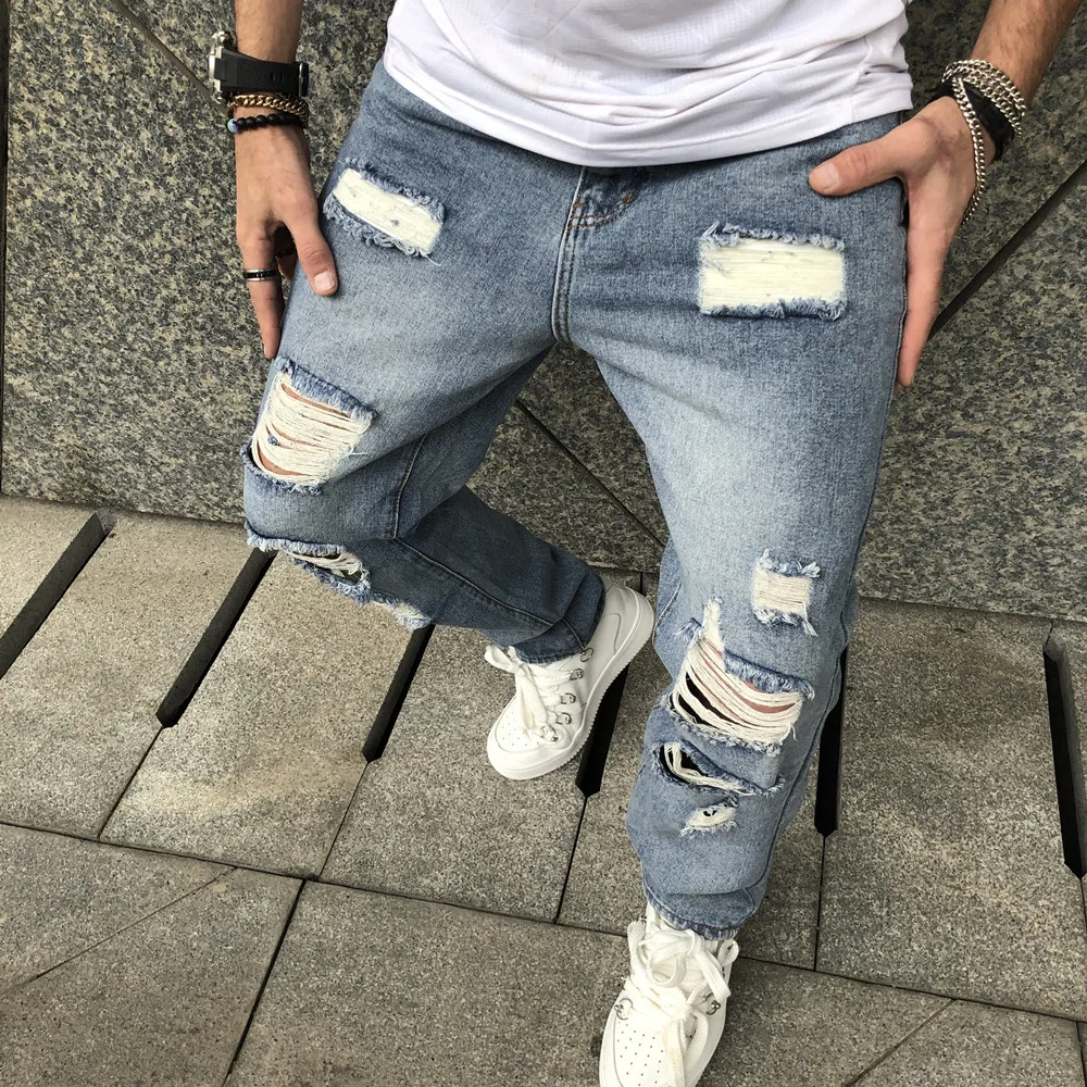 Stylish Simple Men Ripped Straight Loose Jeans For Men Casual Denim Pants Male Streetwear Trousers