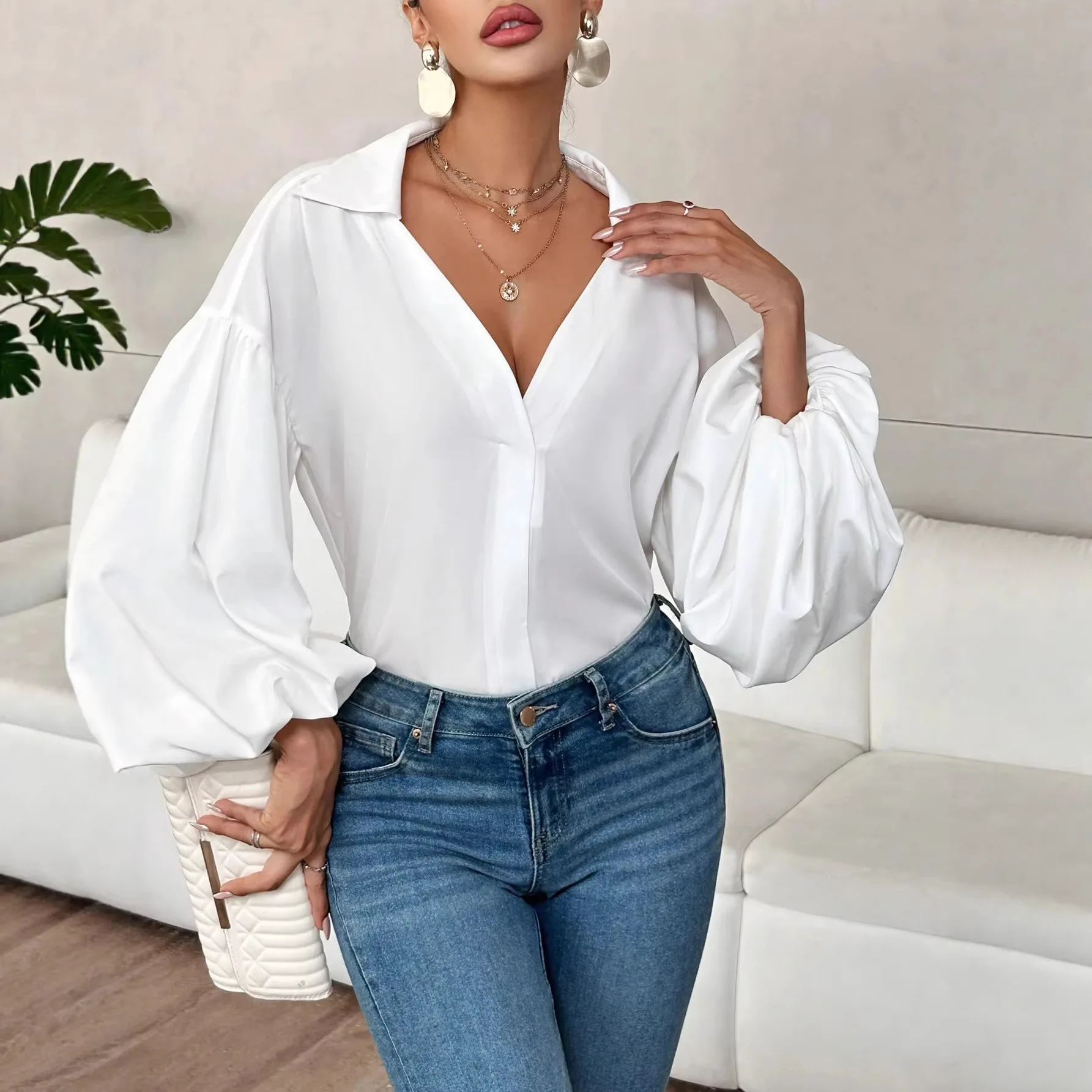 

2026 New Polka Dot Half Open Neck Design Loose Shirt Bubble Long Sleeves