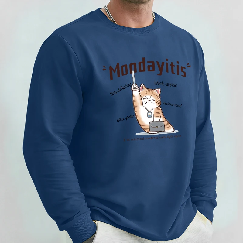 

Mmondayitis zmęczony рабочий кот с принтом мужские модные толстовки мягкие базовые универсальные пуловеры удобные уличные топы теплая толстовка