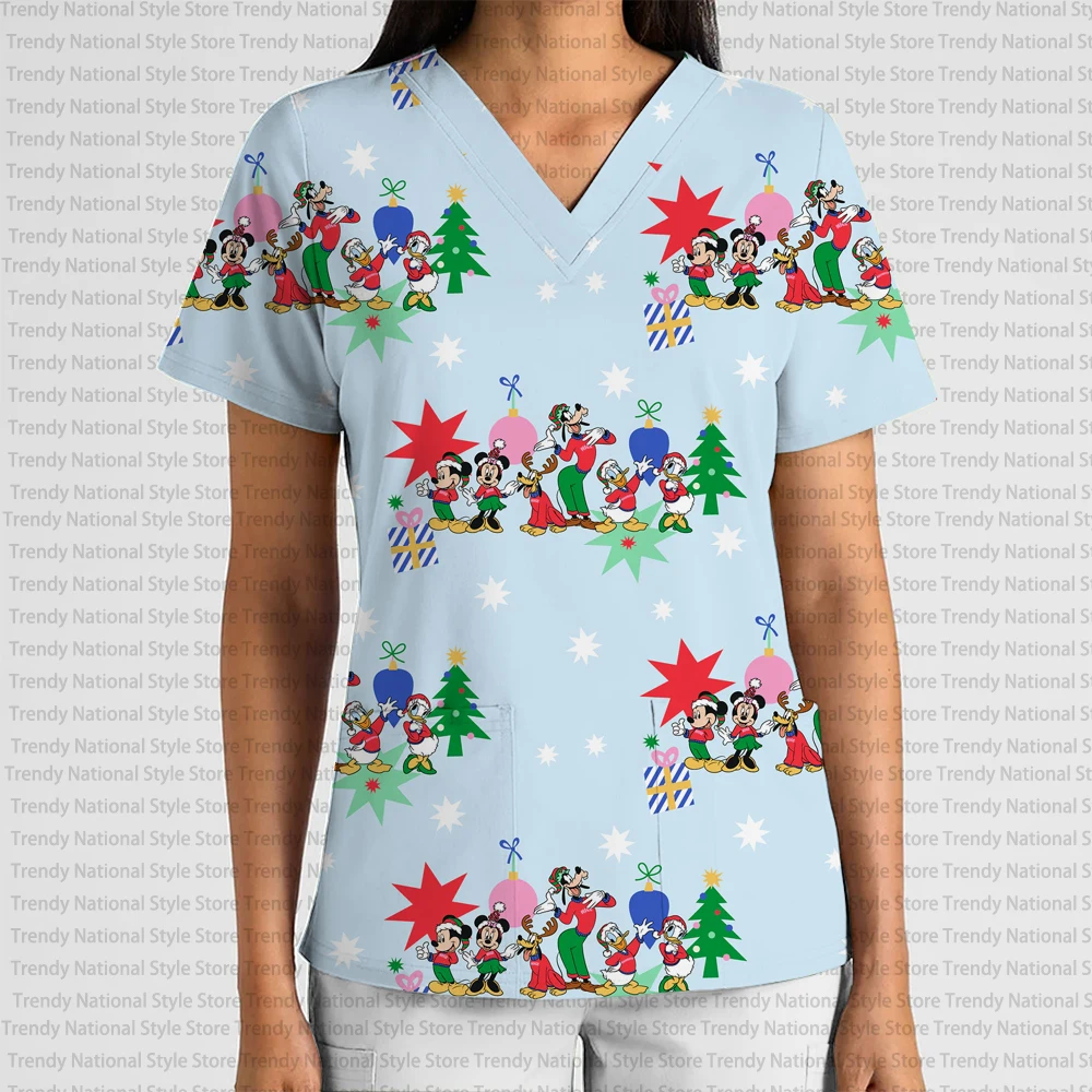 New Christmas Snowflake Mickey and Minnie Elegant Temperament Women's Work Uniform Print Frosted Top with V-Neck Pocket T-Shirt