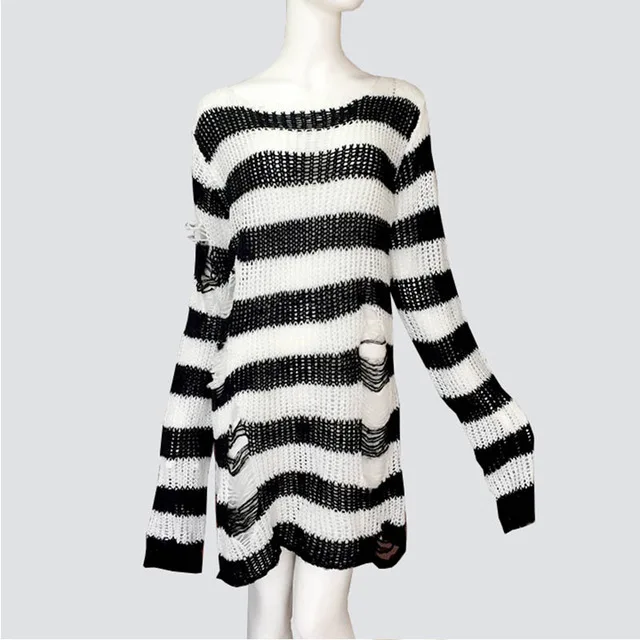2025 Hole Tearing Y2k Medium to Long Length Sweater for Women and Couples, Striped Loose Casual Personalized Knitted Sweater - Image 5