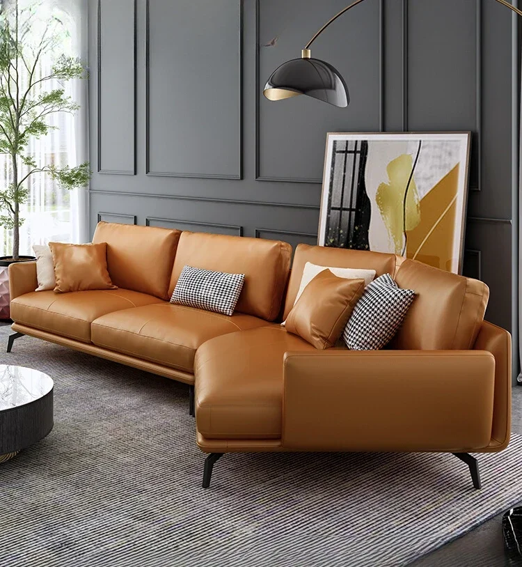 -Light Luxury Leather Sofa, The First Layer Of Cowhide, Simple Modern Living Room, Italian Minimalist Size Leather Curved Sofa
