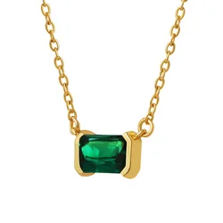 Vintage Green Cubic Zirconia Square Pendant Necklace Bling Stone 18k Gold Plated Stainless Steel Collar Waterproof Jewelry Gift